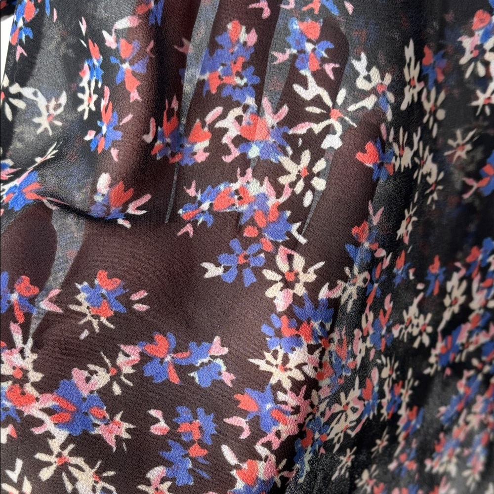Express Black Sheer Floral Blouse with Blue, Cream and Pink Accents. Sz L - Picture 3 of 7